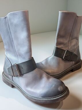 Vintage Foundry Gray Distressed Leather Mid-Calf Moto Boots